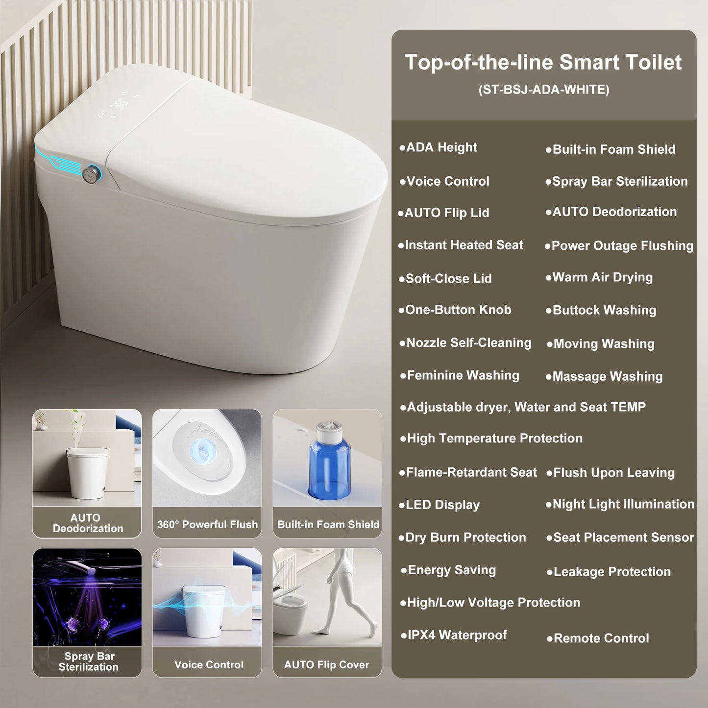 Elongated Smart Toilet With Bidet, Foam Dispenser, Voice Control