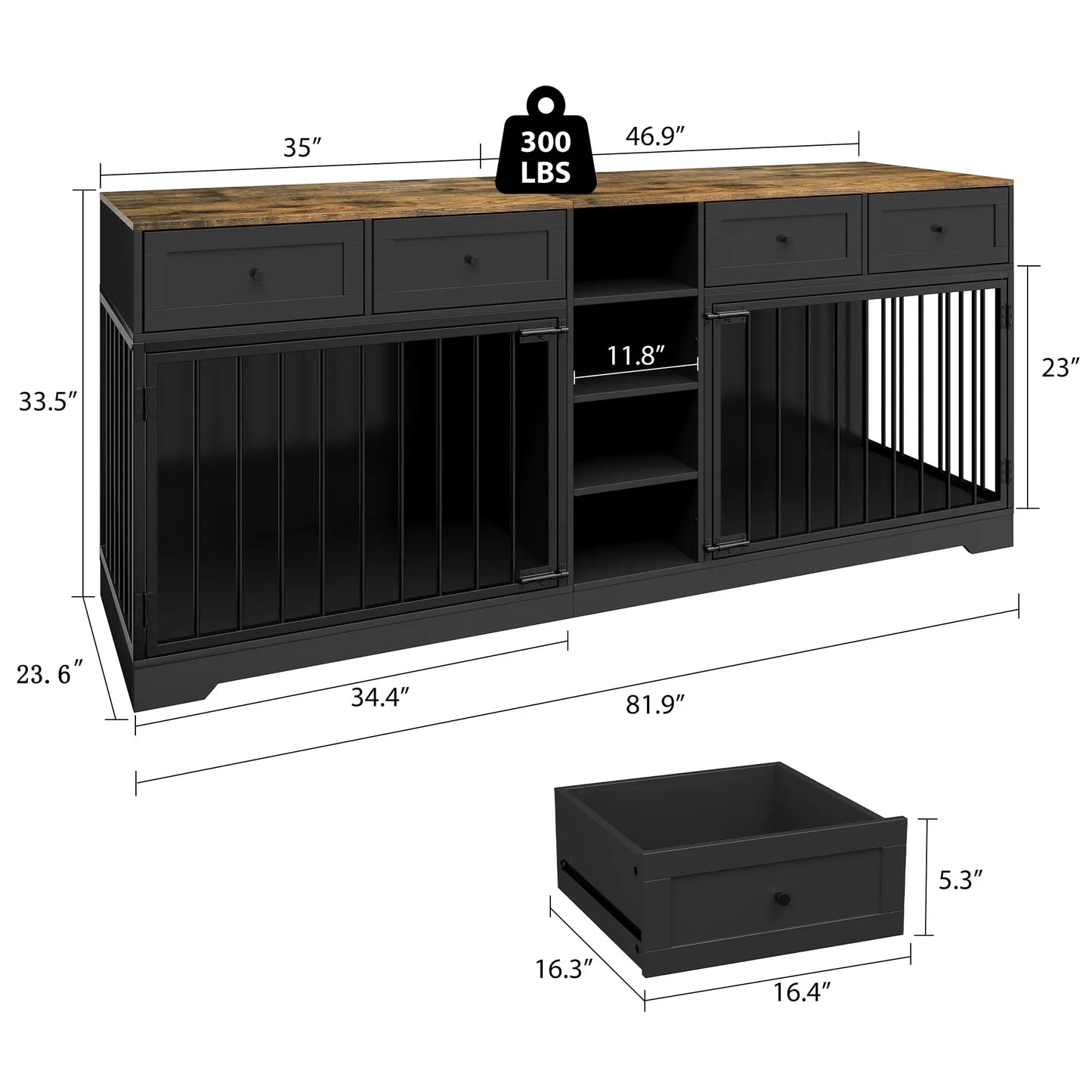 HiMISS Heavy Duty Wooden Dog Crate TV Stand With Drawers