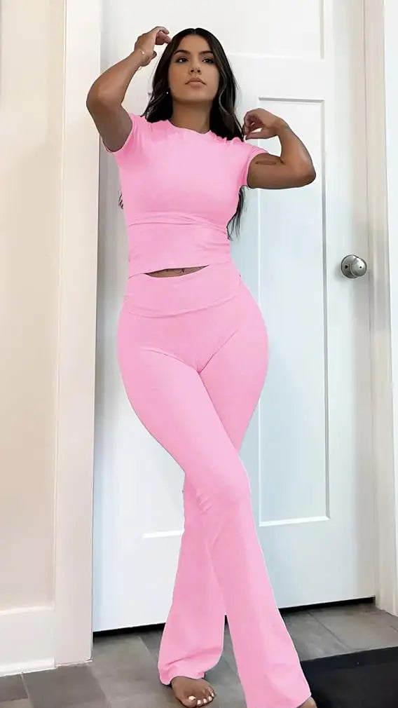 Women's Yoga Set Short Sleeve Top With Cuffed Flare Trousers