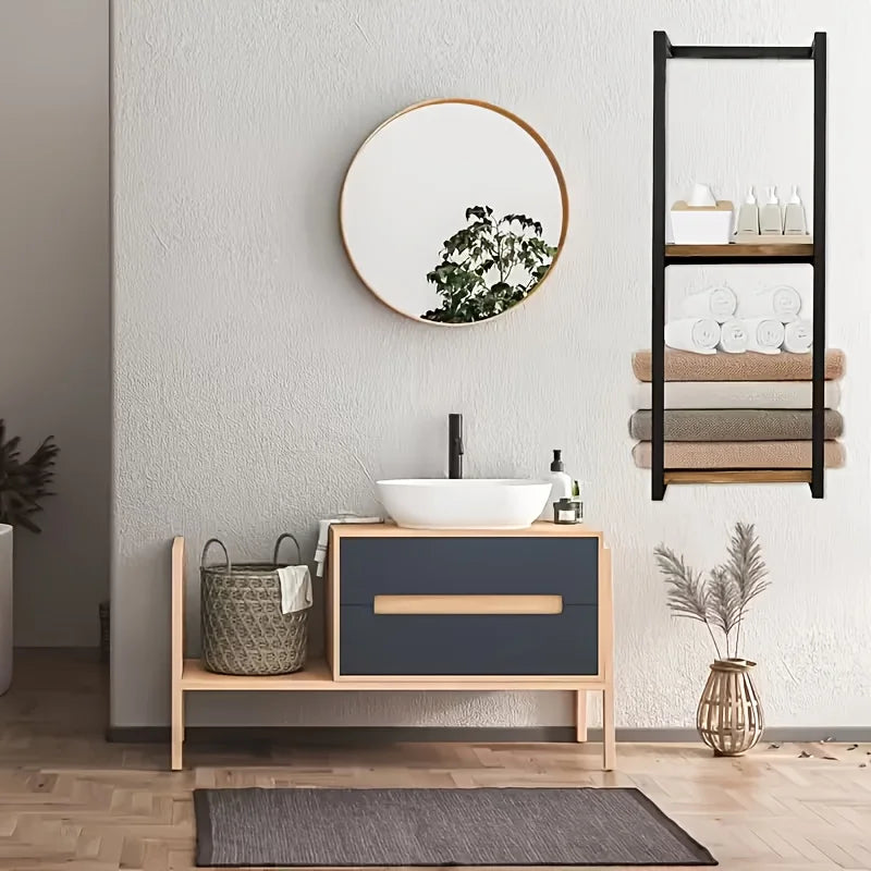 French Country Rustic Carbon Steel Wall Mounted Two Tier Towel Rack With Shelf