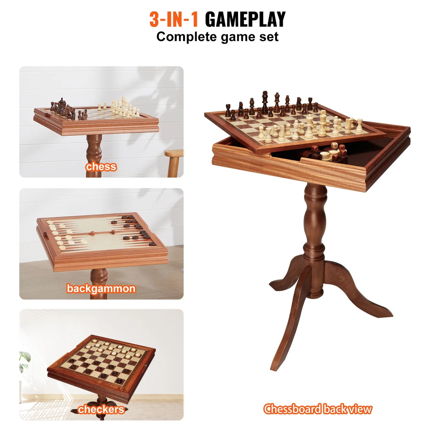 SucceBuy 3-in-1 Chess Checkers Backgammon Table Set