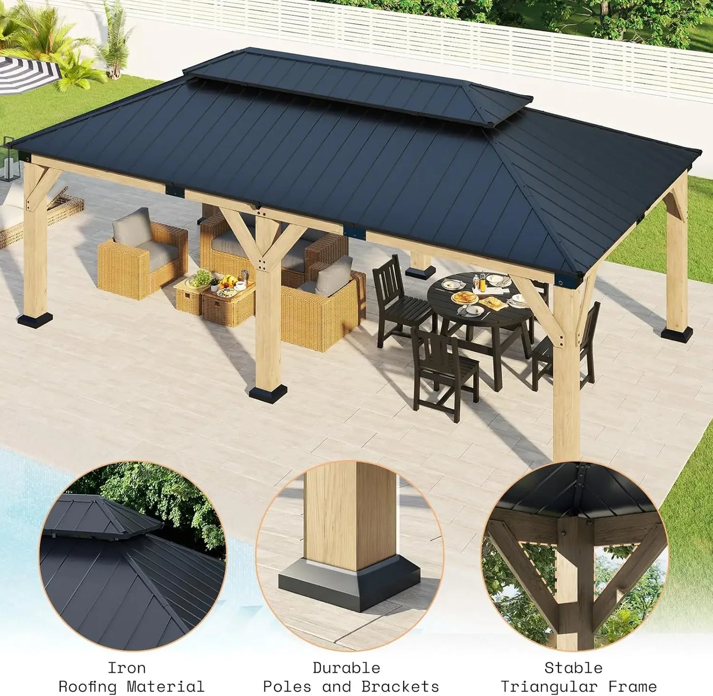 Spruce Wood Gazebo With Double Metal Roof For Garden Patio