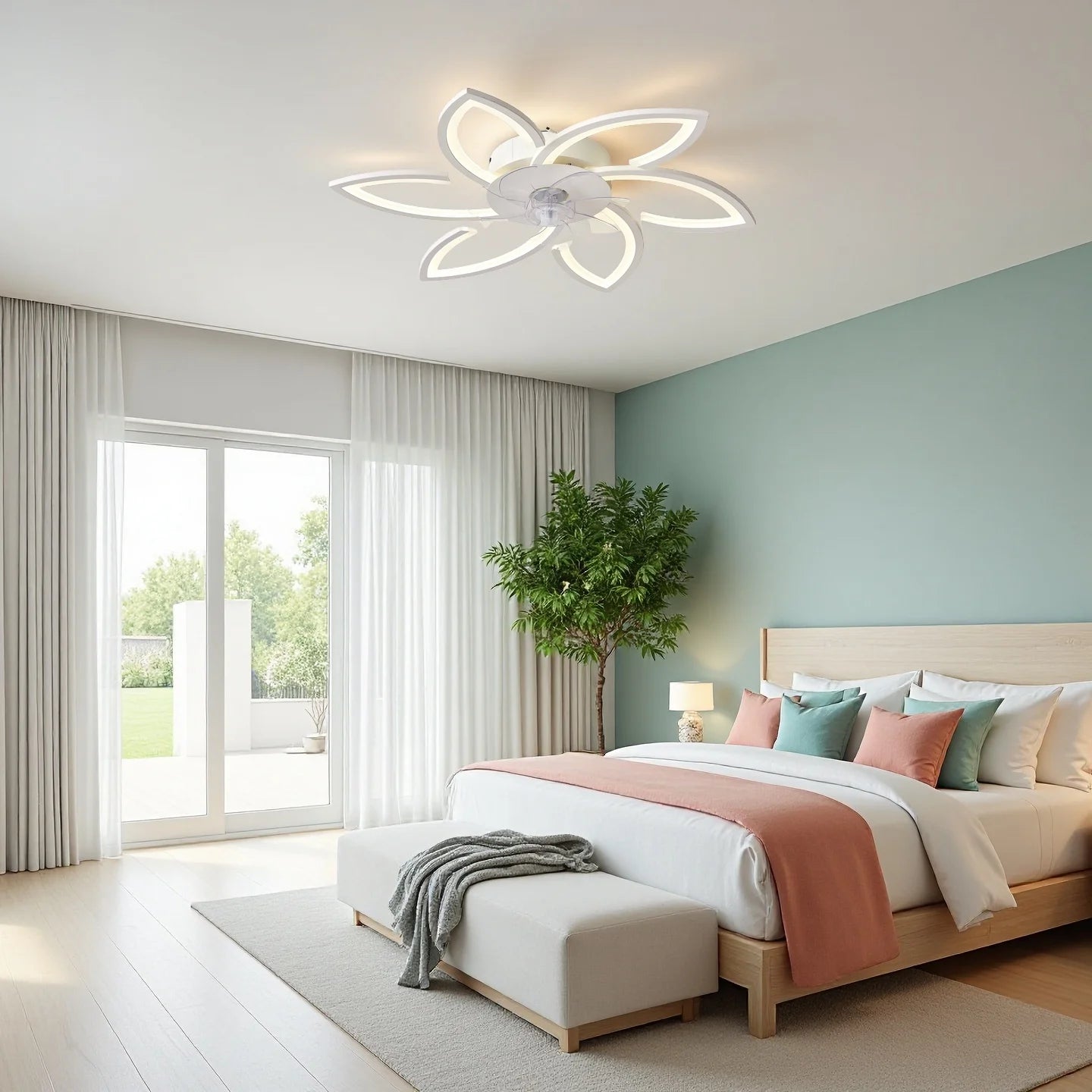 Petal-Shaped Ceiling Fan Light with 6 Wind Speed Settings, Stepless Dimming, Remote Control, and a Reversible Motor for Year-Round Use in Both Winter and Summer. Ideal for Bedrooms, Above Dining Tables, and in Home Offices.