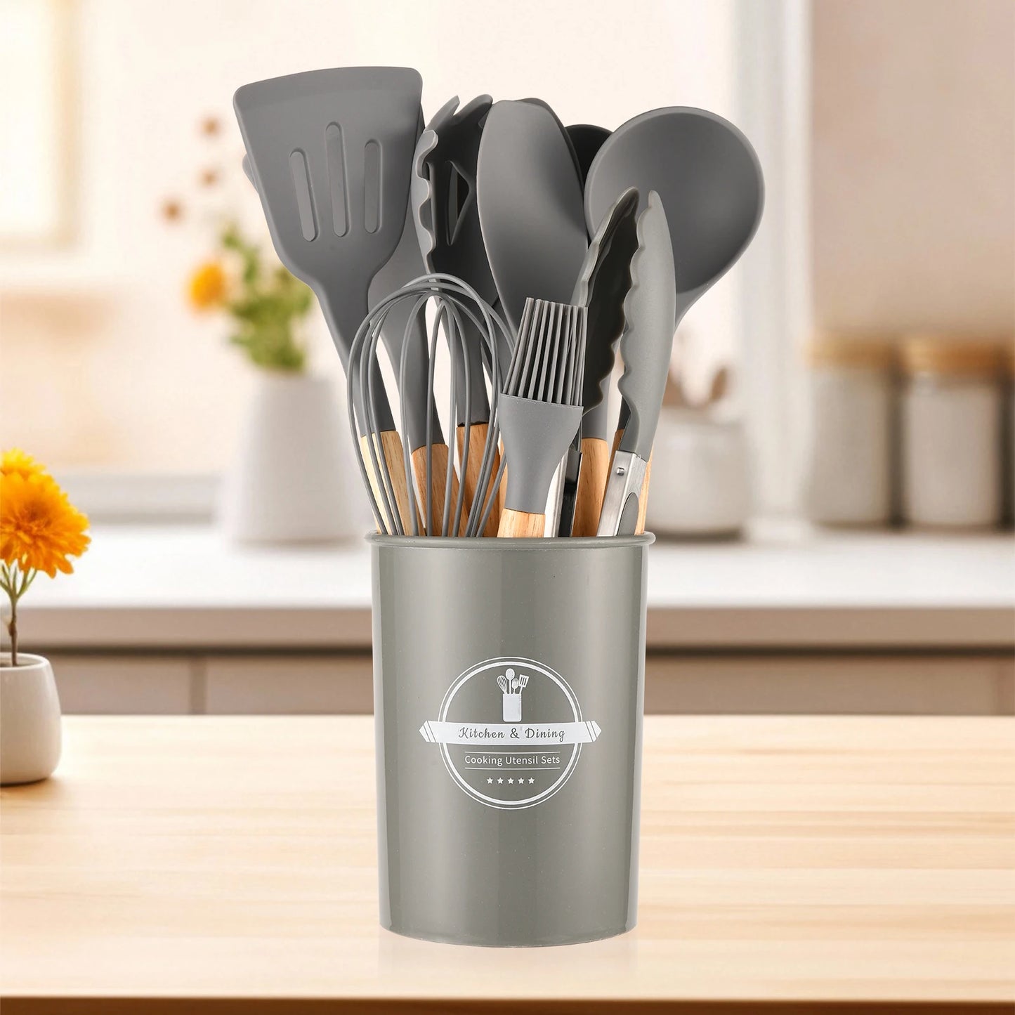 KATISUN 12-Piece Non-Stick Silicone Utensils Set With Wooden Handles