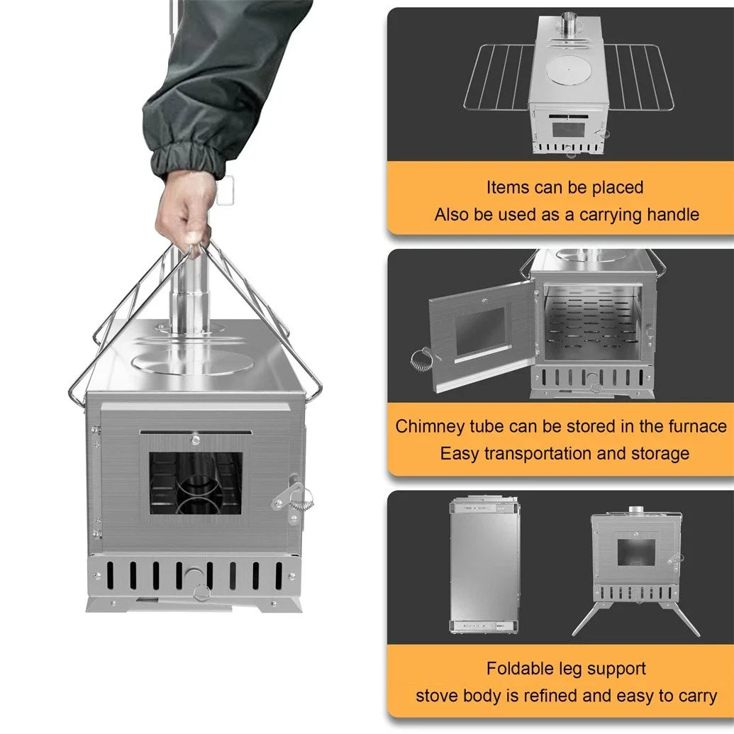 Portable Wood Burning Stove With Six Stainless Chimney Pipes