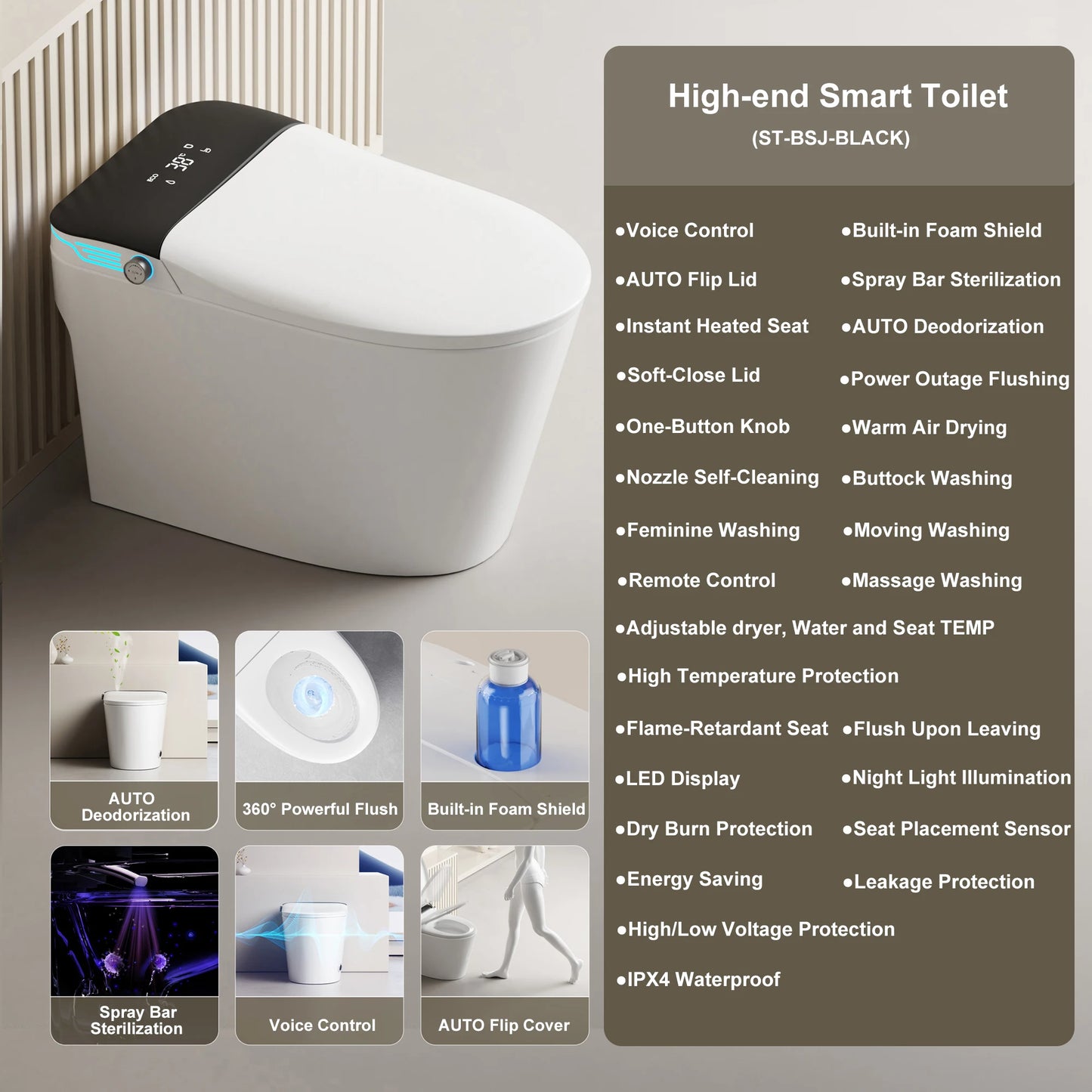 Elongated Smart Toilet With Bidet, Foam Dispenser, Voice Control