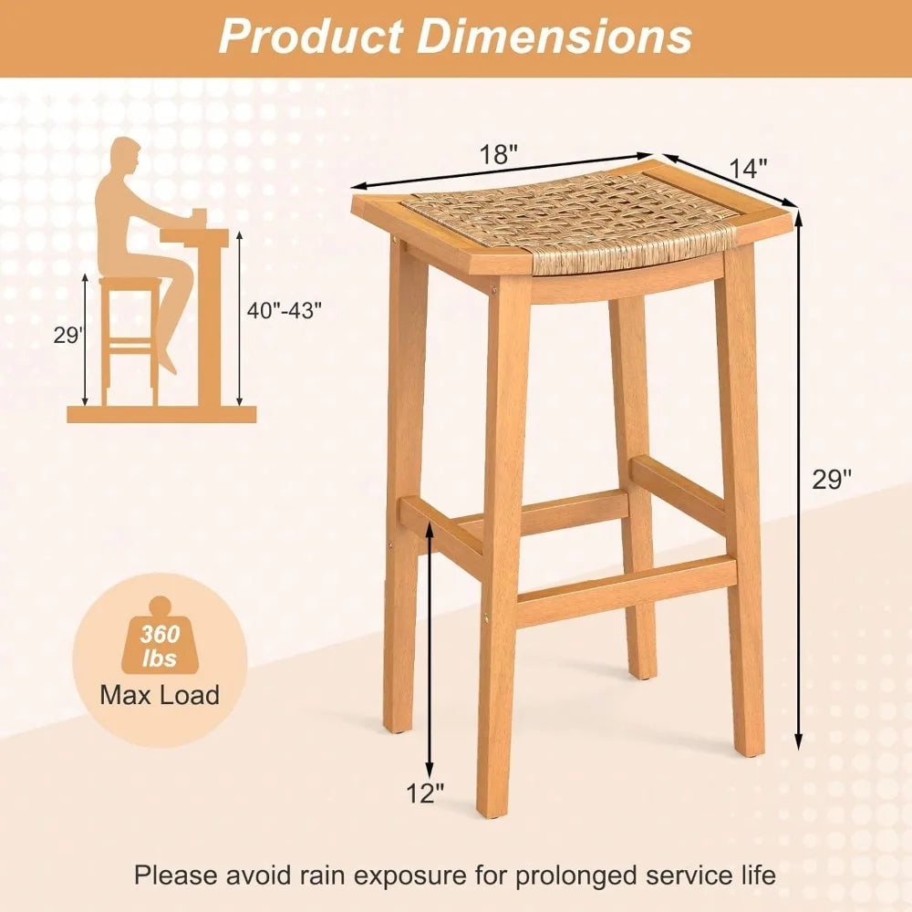 Outdoor Acacia Wood Bar Stools Set Of 4 With Saddle Seat And Footrest