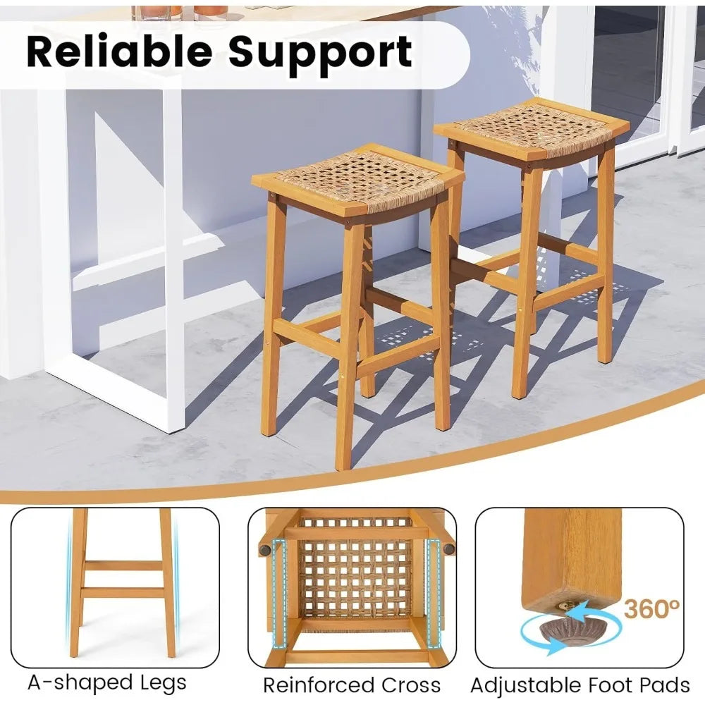 Outdoor Acacia Wood Bar Stools Set Of 4 With Saddle Seat And Footrest