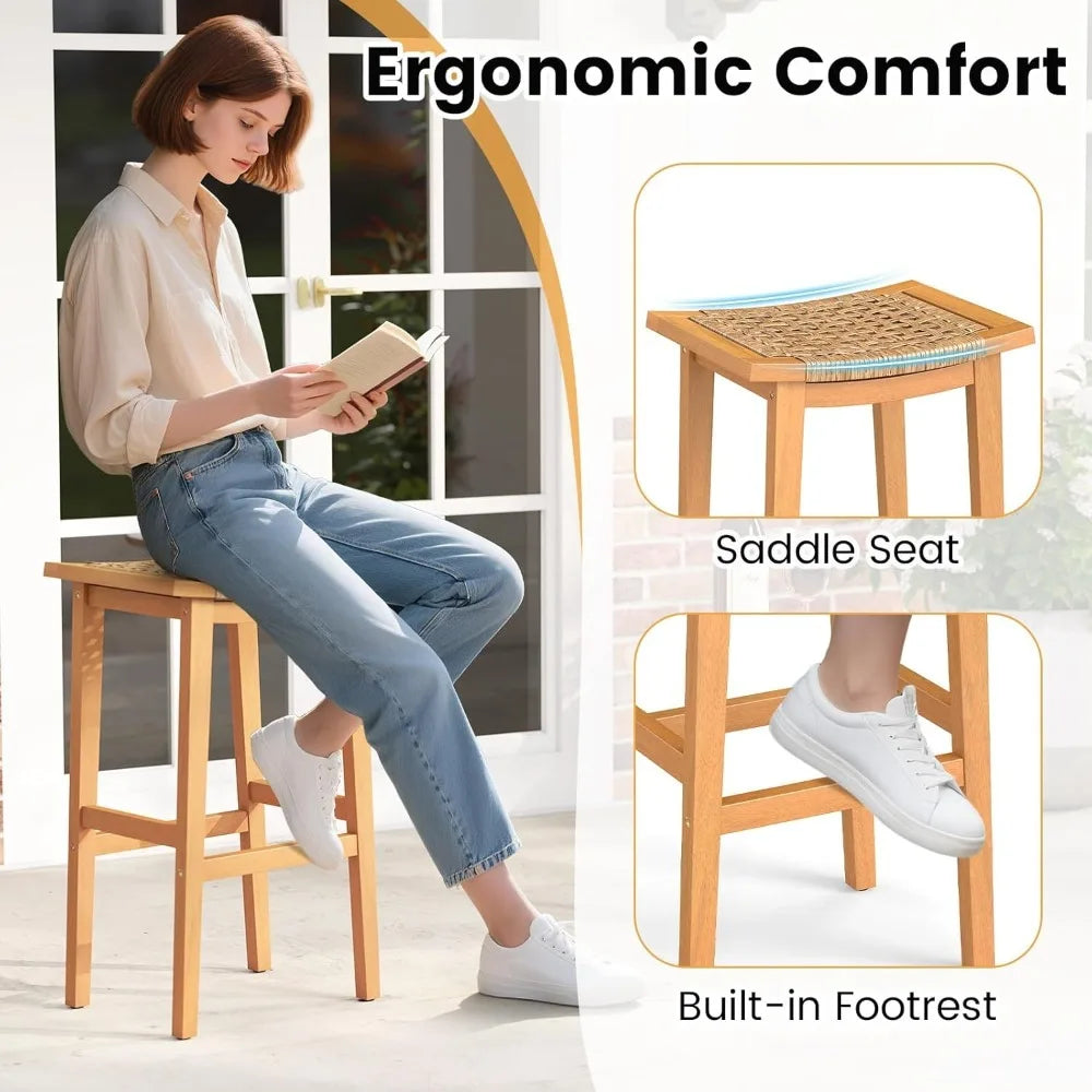 Outdoor Acacia Wood Bar Stools Set Of 4 With Saddle Seat And Footrest