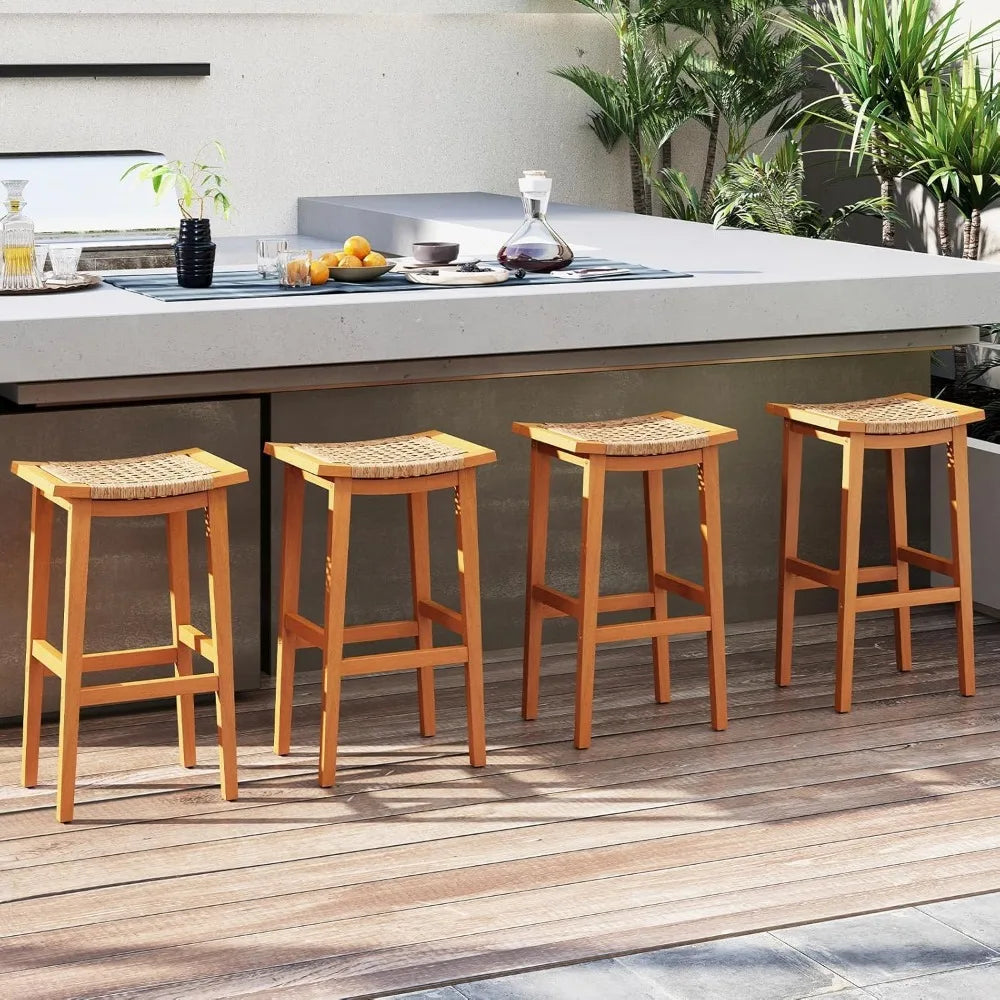 Outdoor Acacia Wood Bar Stools Set Of 4 With Saddle Seat And Footrest