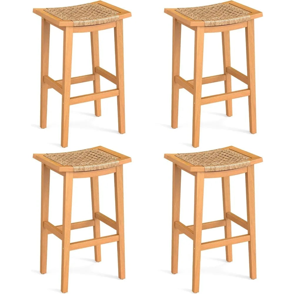 Outdoor Acacia Wood Bar Stools Set Of 4 With Saddle Seat And Footrest