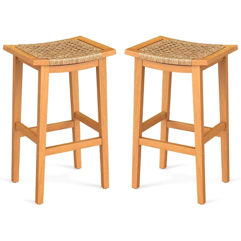 Outdoor Acacia Wood Bar Stools Set Of 4 With Saddle Seat And Footrest