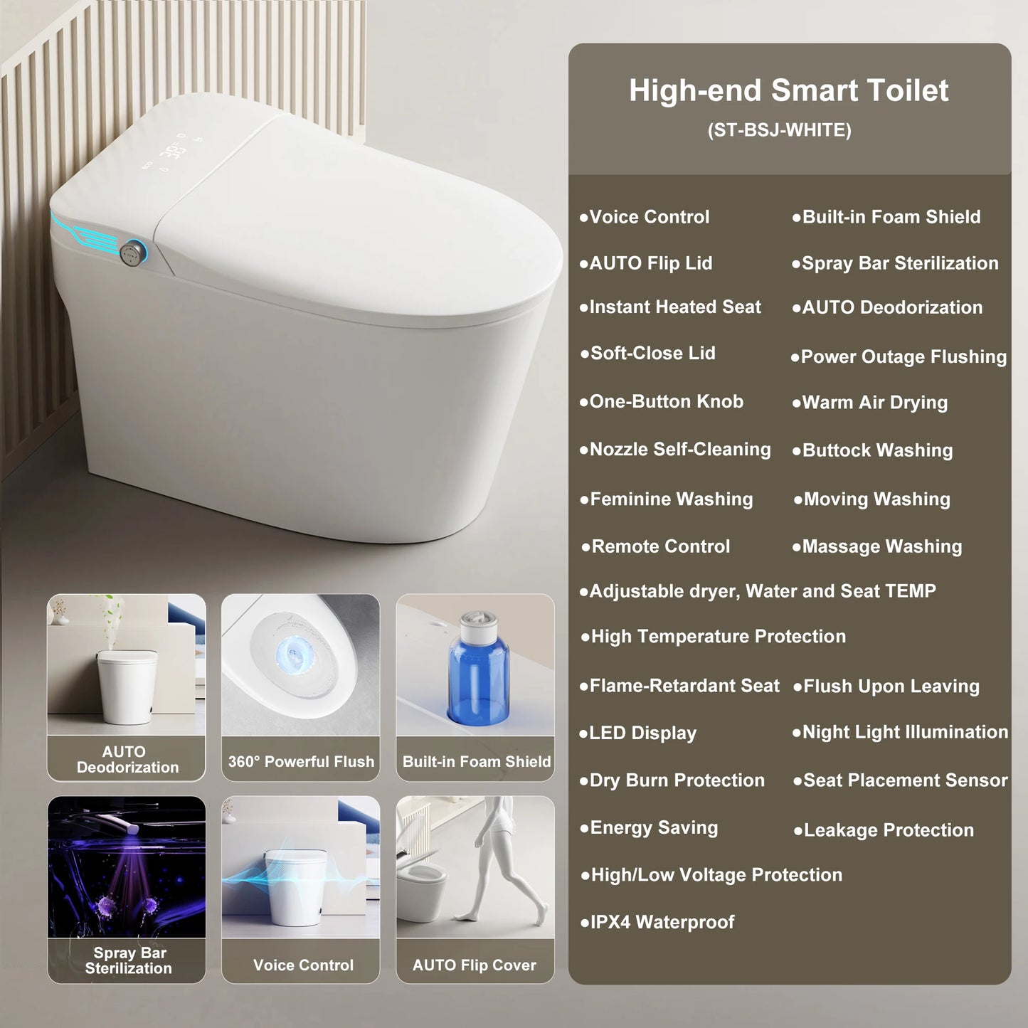 Elongated Smart Toilet With Bidet, Foam Dispenser, Voice Control