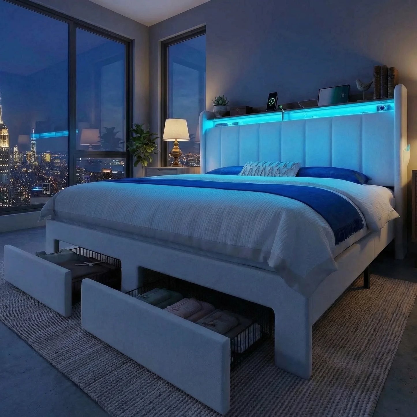 HOOMIC Bed Frame With Storage Drawers LED Lights Charging Station