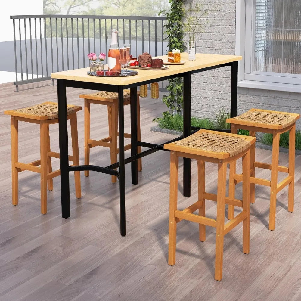 Outdoor Acacia Wood Bar Stools Set Of 4 With Saddle Seat And Footrest