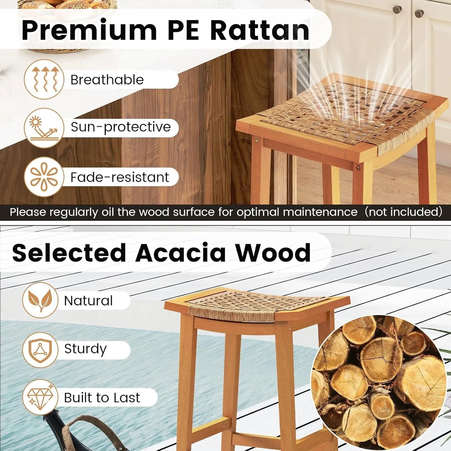 Outdoor Acacia Wood Bar Stools Set Of 4 With Saddle Seat And Footrest