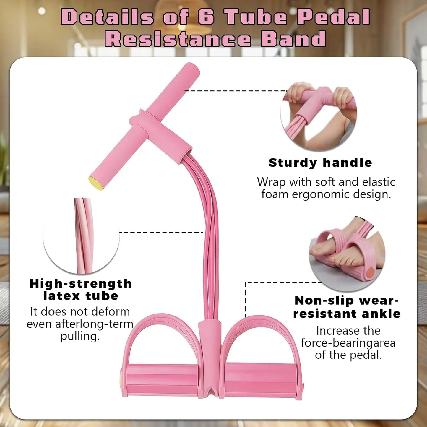 Pedal Resistance Band With Handles 6 Tube Home Workout Gear