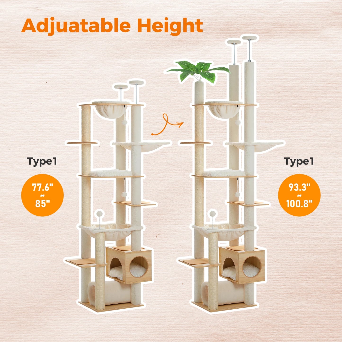 PAWZ Road Height Adjustable Cat Tree With Hammock Indoor