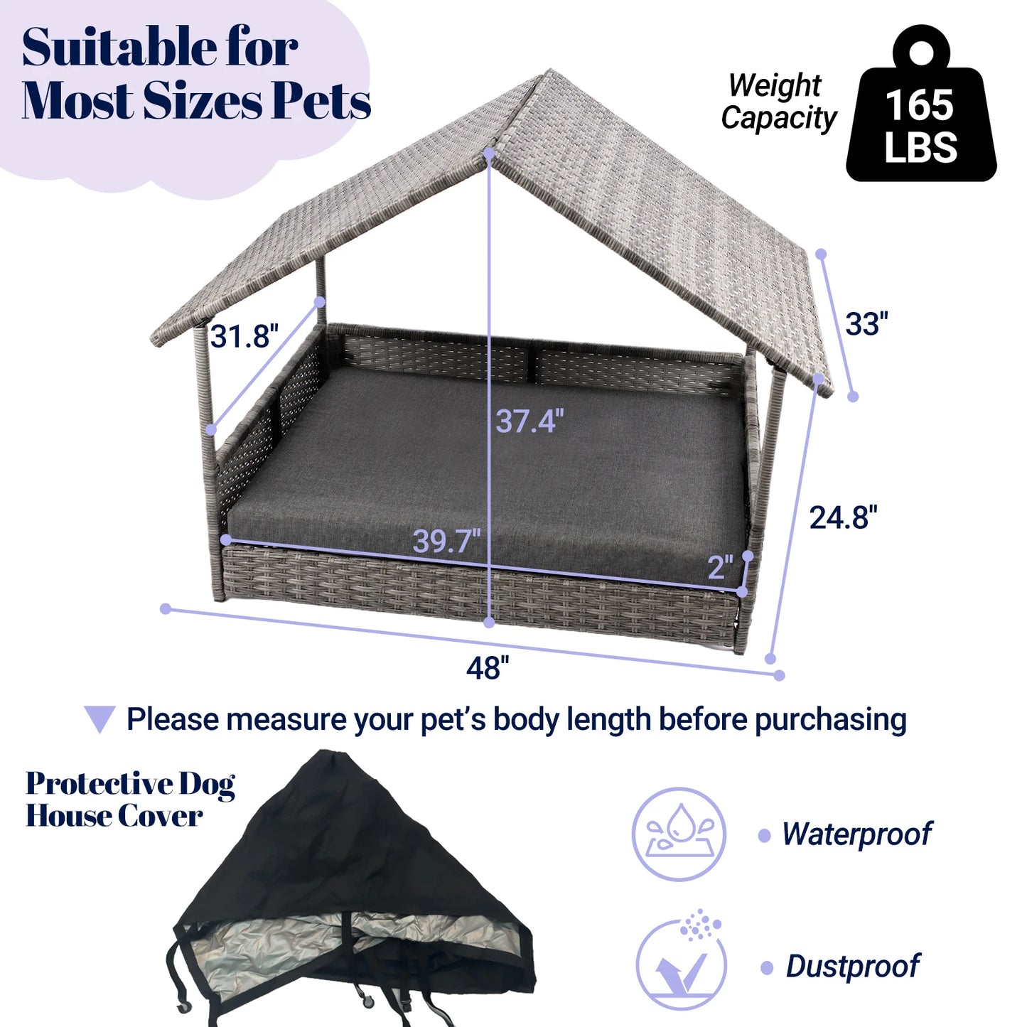 NONECN Wicker Dog House Elevated Rattan Canopy Bed