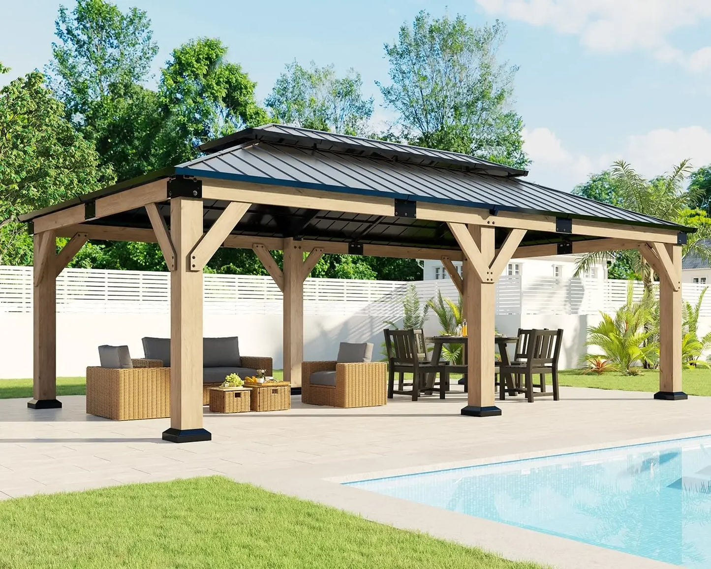 Spruce Wood Gazebo With Double Metal Roof For Garden Patio