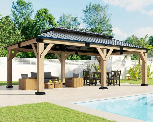 Spruce Wood Gazebo With Double Metal Roof For Garden Patio