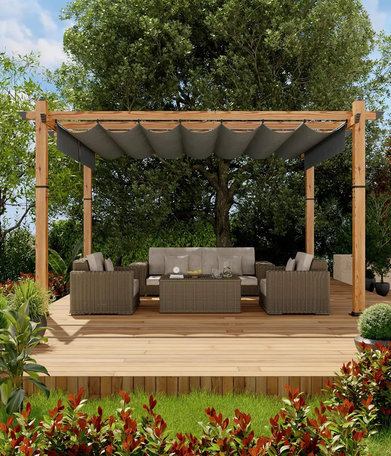 HiMISS Wood Grain Aluminum Pergola With Retractable Canopy UV Protection