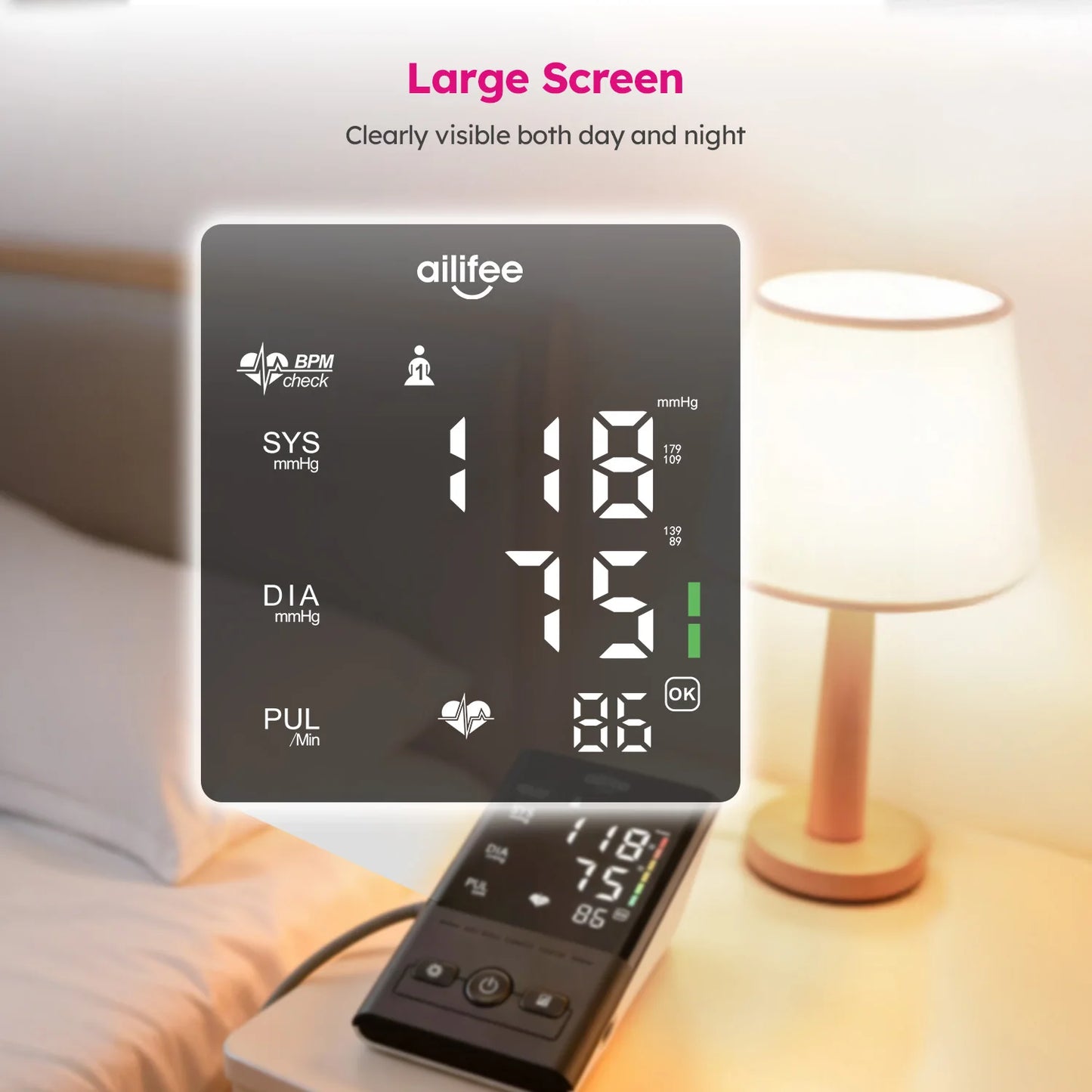 AILIFEE Upper Arm Blood Pressure Monitor For Home Use With LED Backlit Display