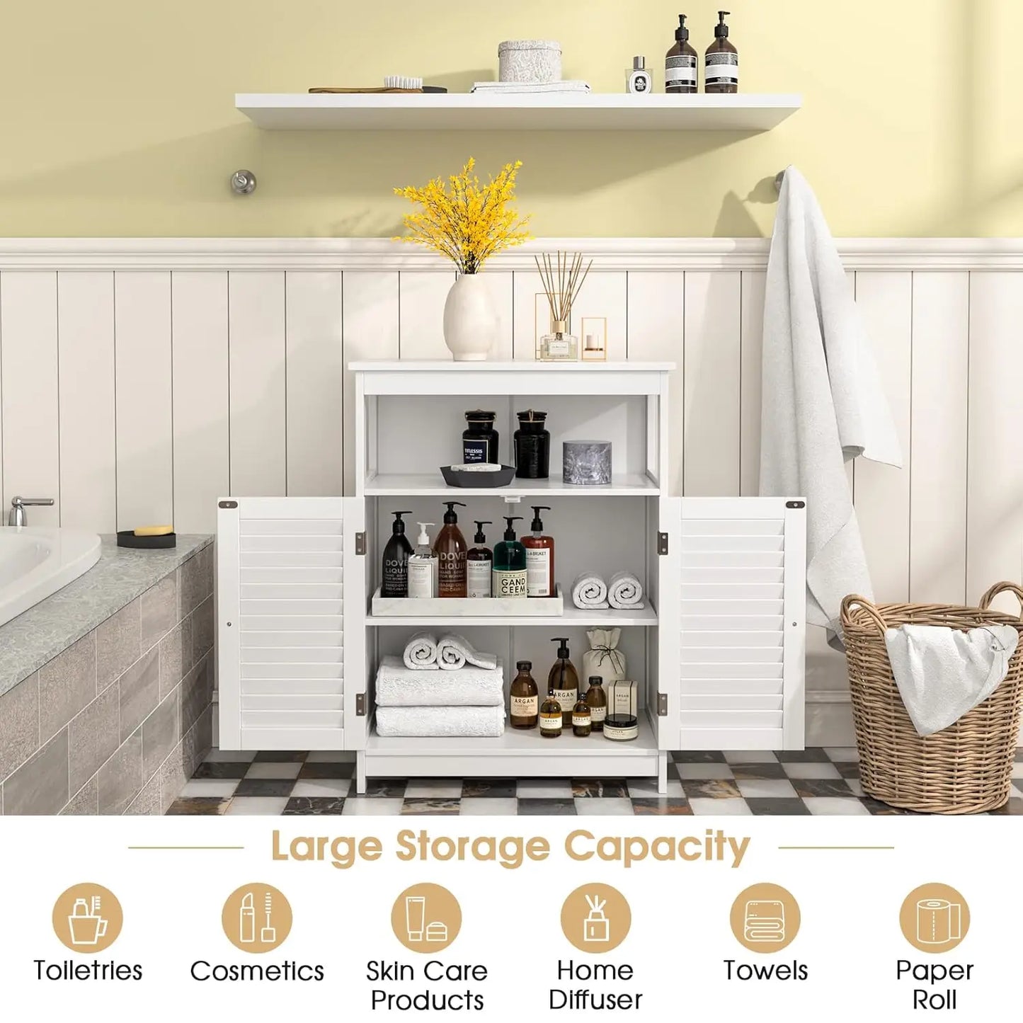 Bathroom Floor Cabinet Wooden Storage Double Doors And Adjustable Shelf