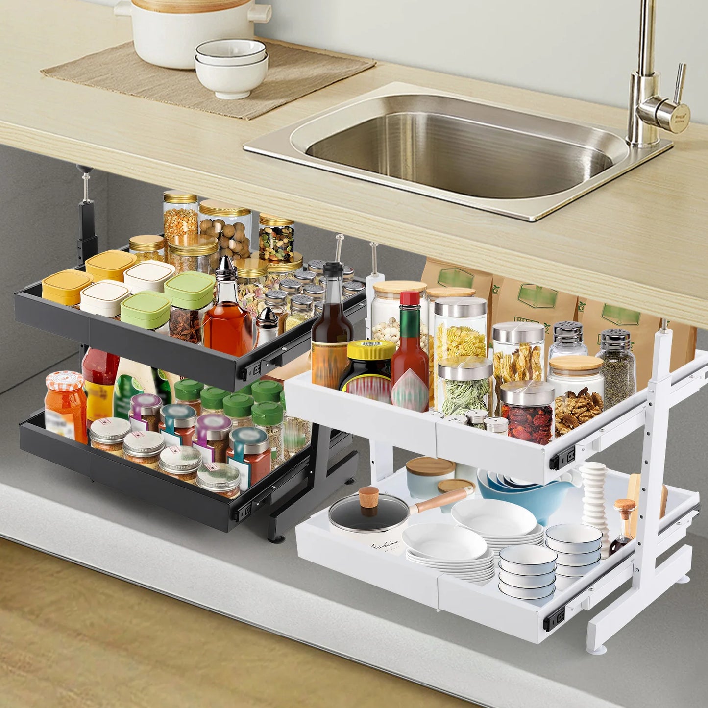 Carbon Steel Expandable Pull Out Cabinet Organizer 2 Tier Drawers