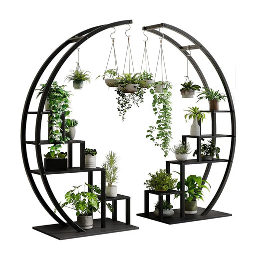 Heavy Duty 5-Tier Half Moon Metal Plant Stand With Hanging Hooks Rustproof Tall Plant Rack For Multiple Plants Space-Saving Corner Flower Pot Shelf Display Stand For Indoor Outdoor Living Room Patio Garden Balcony