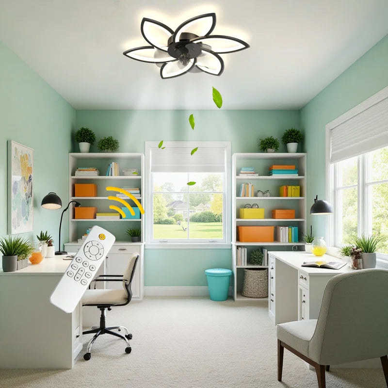 Petal-Shaped Ceiling Fan Light with 6 Wind Speed Settings, Stepless Dimming, Remote Control, and a Reversible Motor for Year-Round Use in Both Winter and Summer. Ideal for Bedrooms, Above Dining Tables, and in Home Offices.