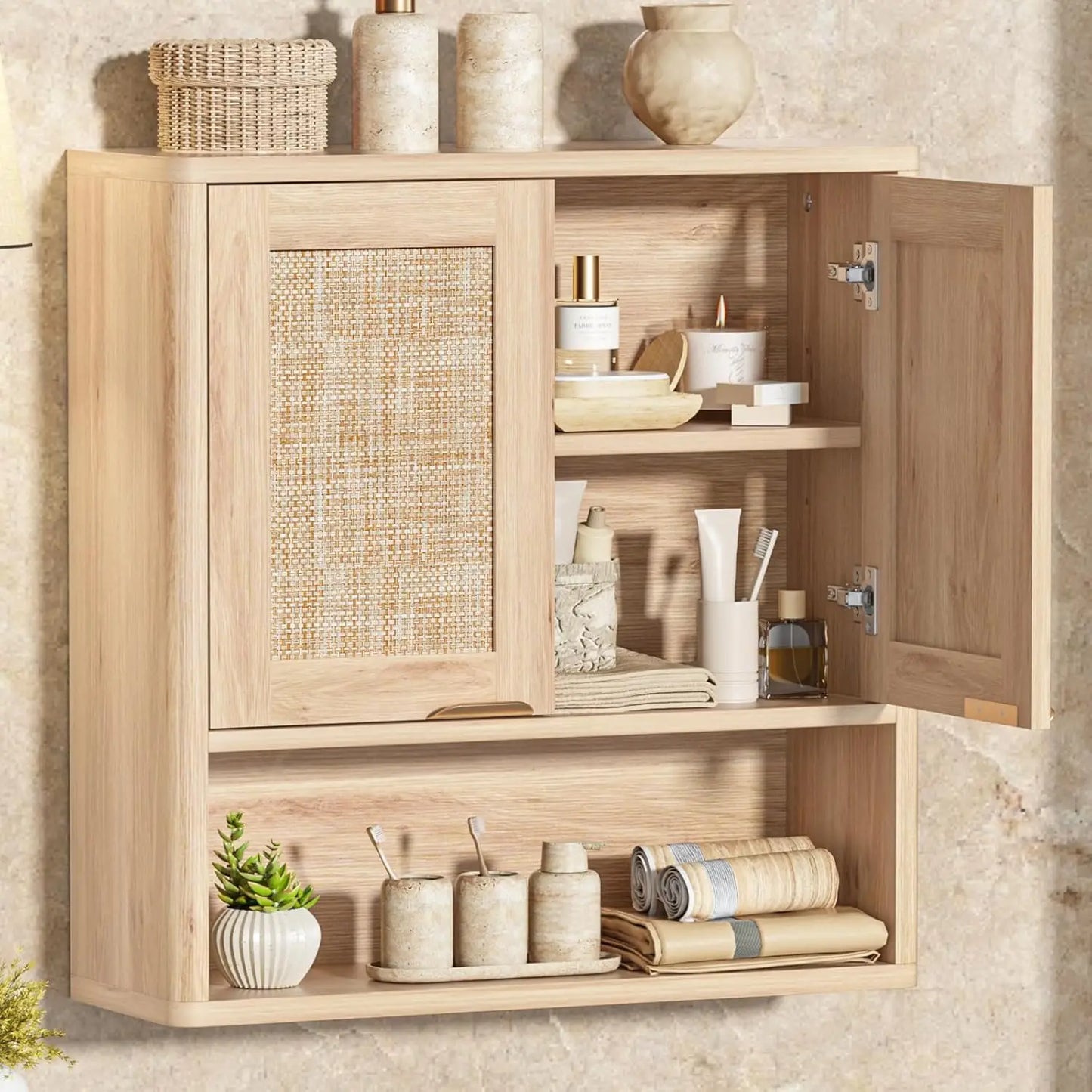 Rattan Boho Bathroom Wall Cabinet With Adjustable Shelves And Doors