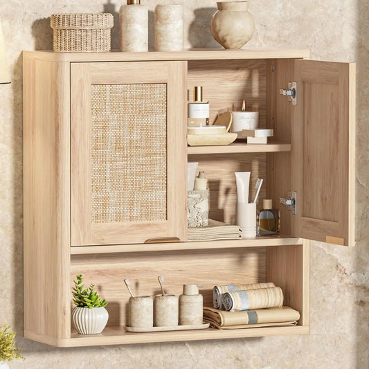 Rattan Boho Bathroom Wall Cabinet With Adjustable Shelves And Doors