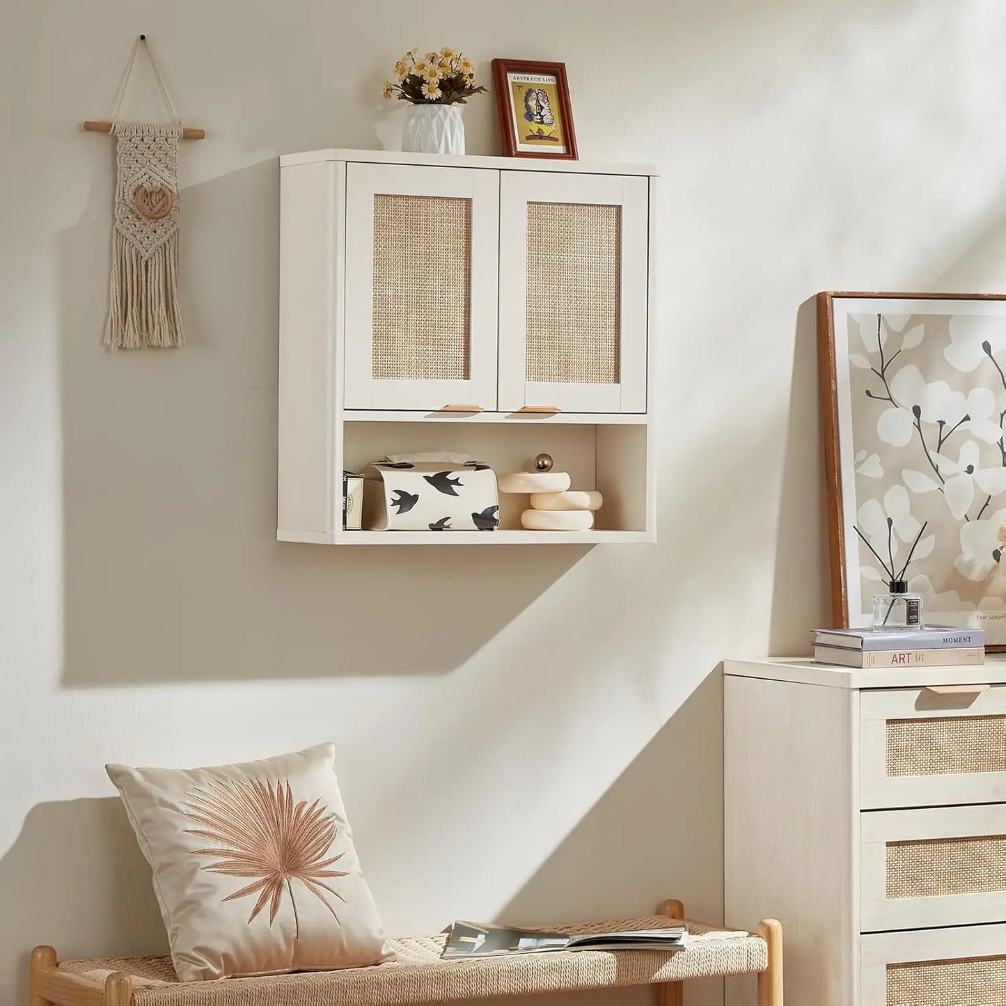 Rattan Boho Bathroom Wall Cabinet With Adjustable Shelves And Doors