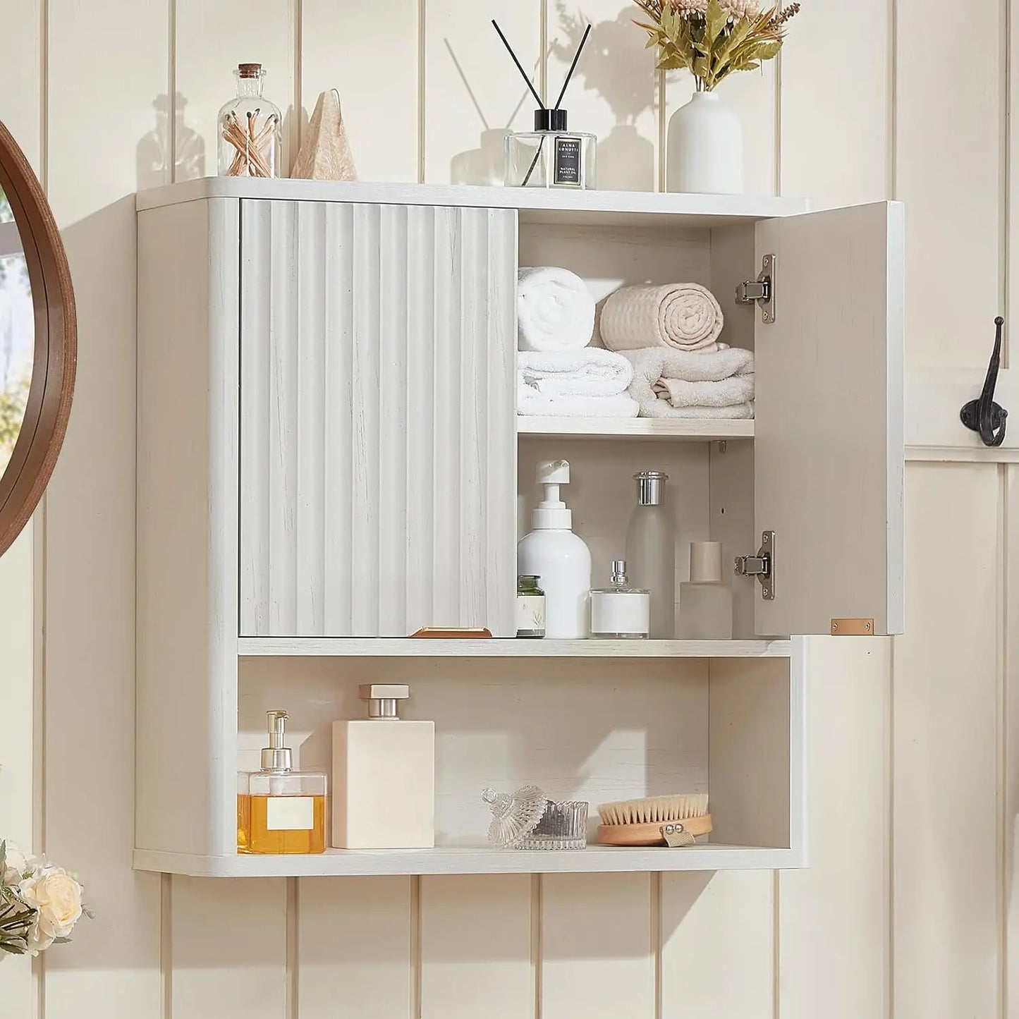 Rattan Boho Bathroom Wall Cabinet With Adjustable Shelves And Doors