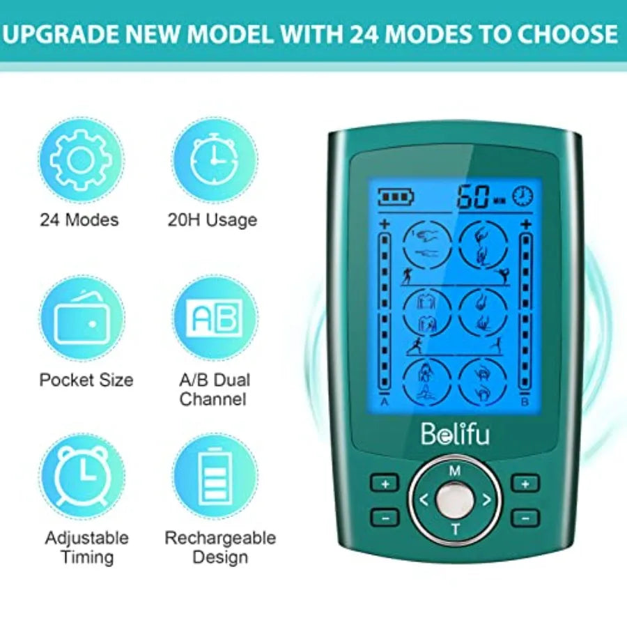Dual Channel TENS EMS Unit With 12 Pads And 24 Modes Massager For Pain Relief