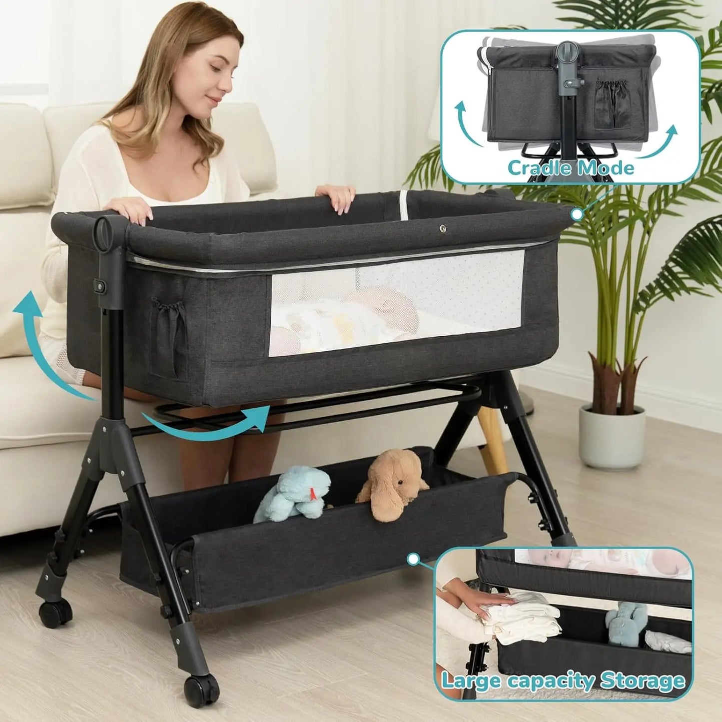 3-In-1 Adjustable Baby Bassinet With Folding Wheels Mosquito Net
