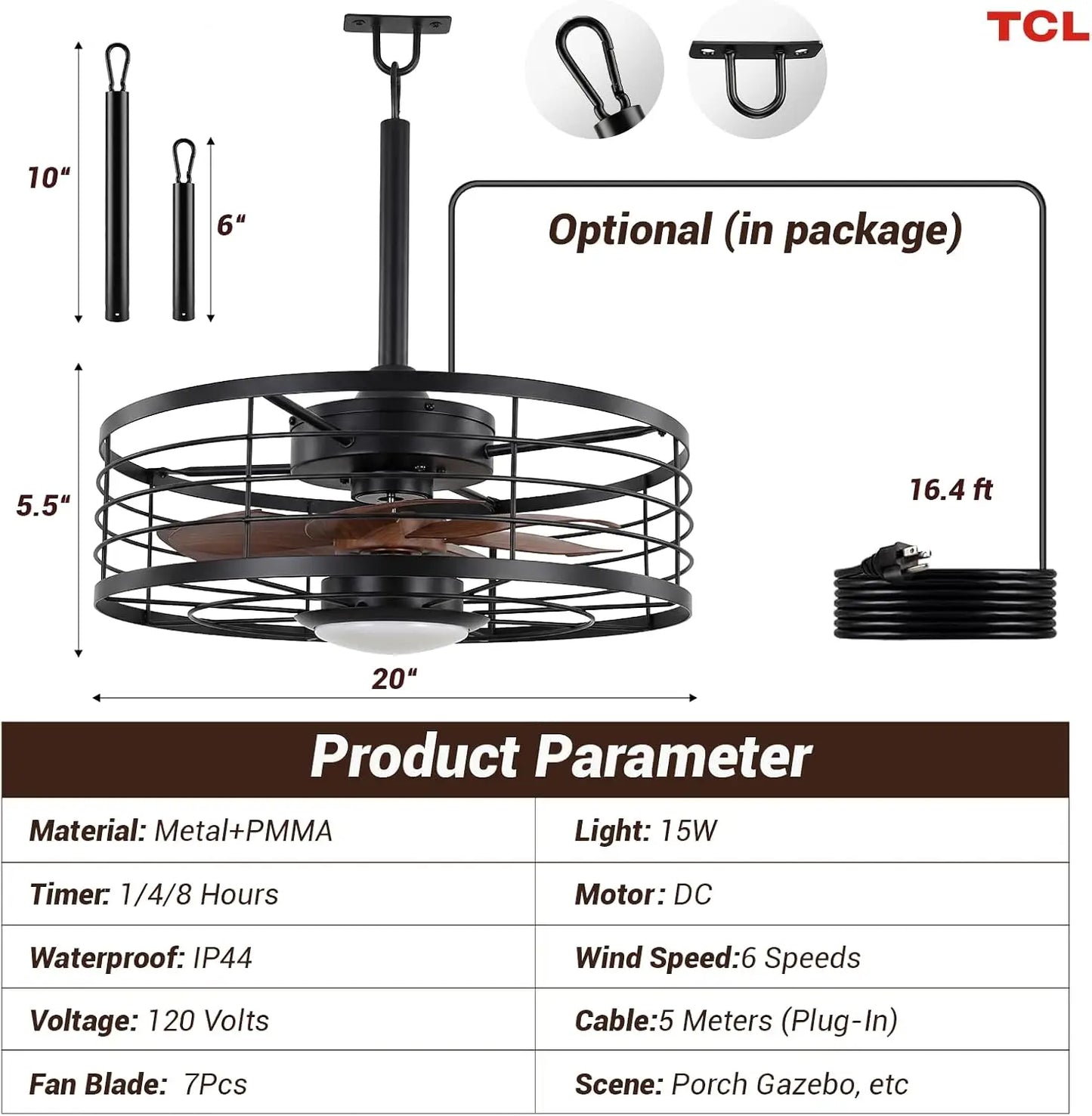 20 Inch Black Metal Cage Ceiling Fan with Light, 7 Blades, Remote Control, 6 Speeds, Dimmable LED, DC Motor, Noiseless for Patio, Porch, Gazebo