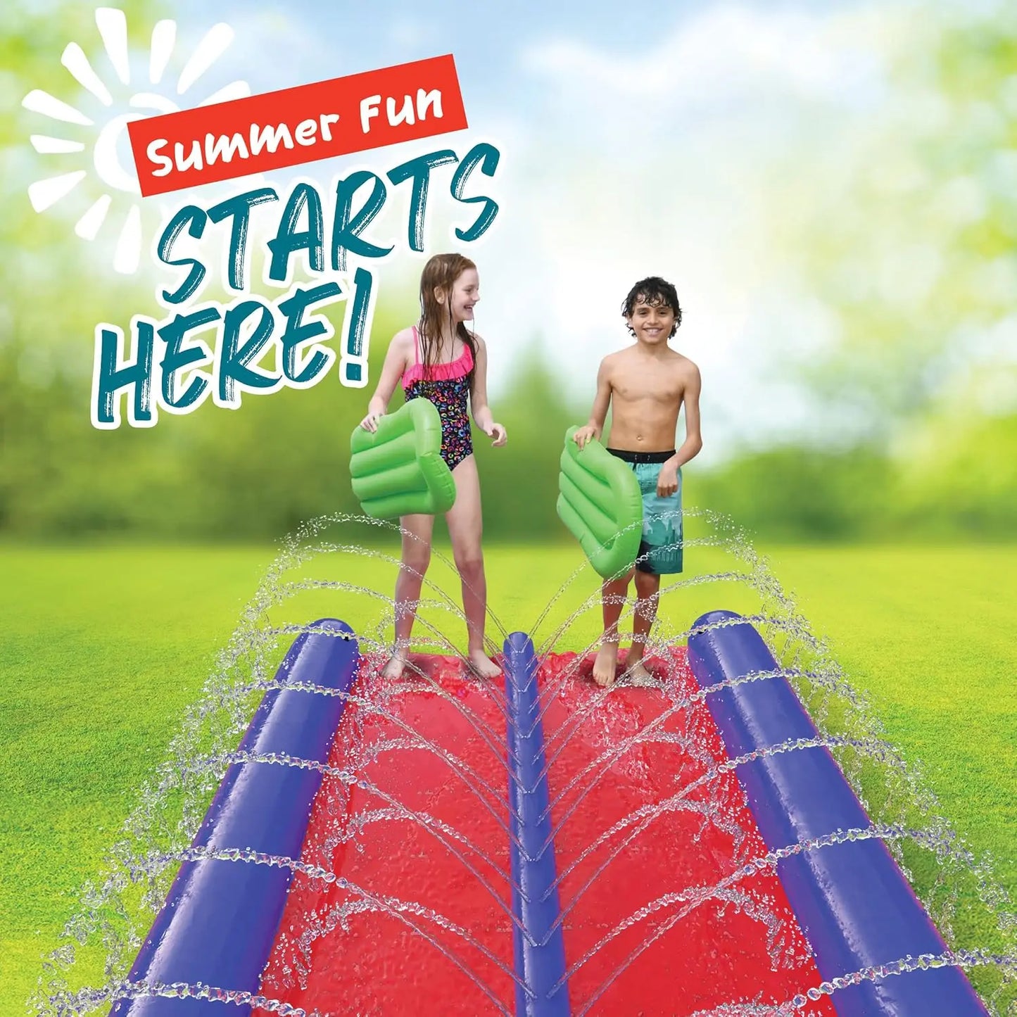 Two Person Waterslide With Sprinkler And Inflatable Boards