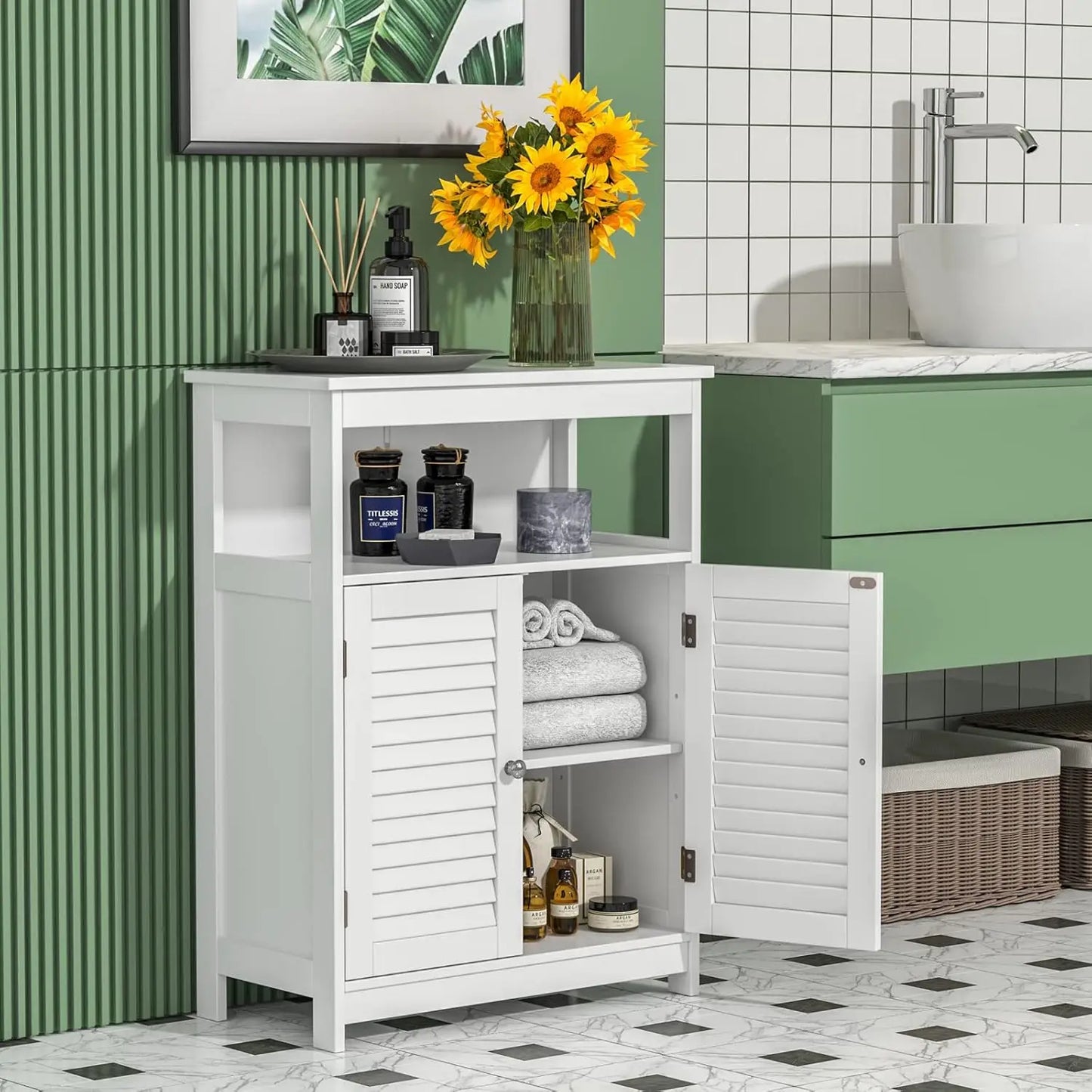 Bathroom Floor Cabinet Wooden Storage Double Doors And Adjustable Shelf