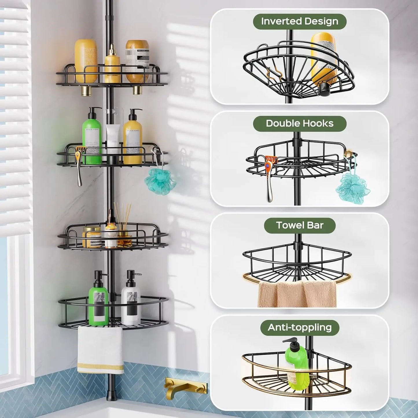 4-Tier Adjustable Tension Pole Shower Caddy Rustproof No-Drill Space-Saving
