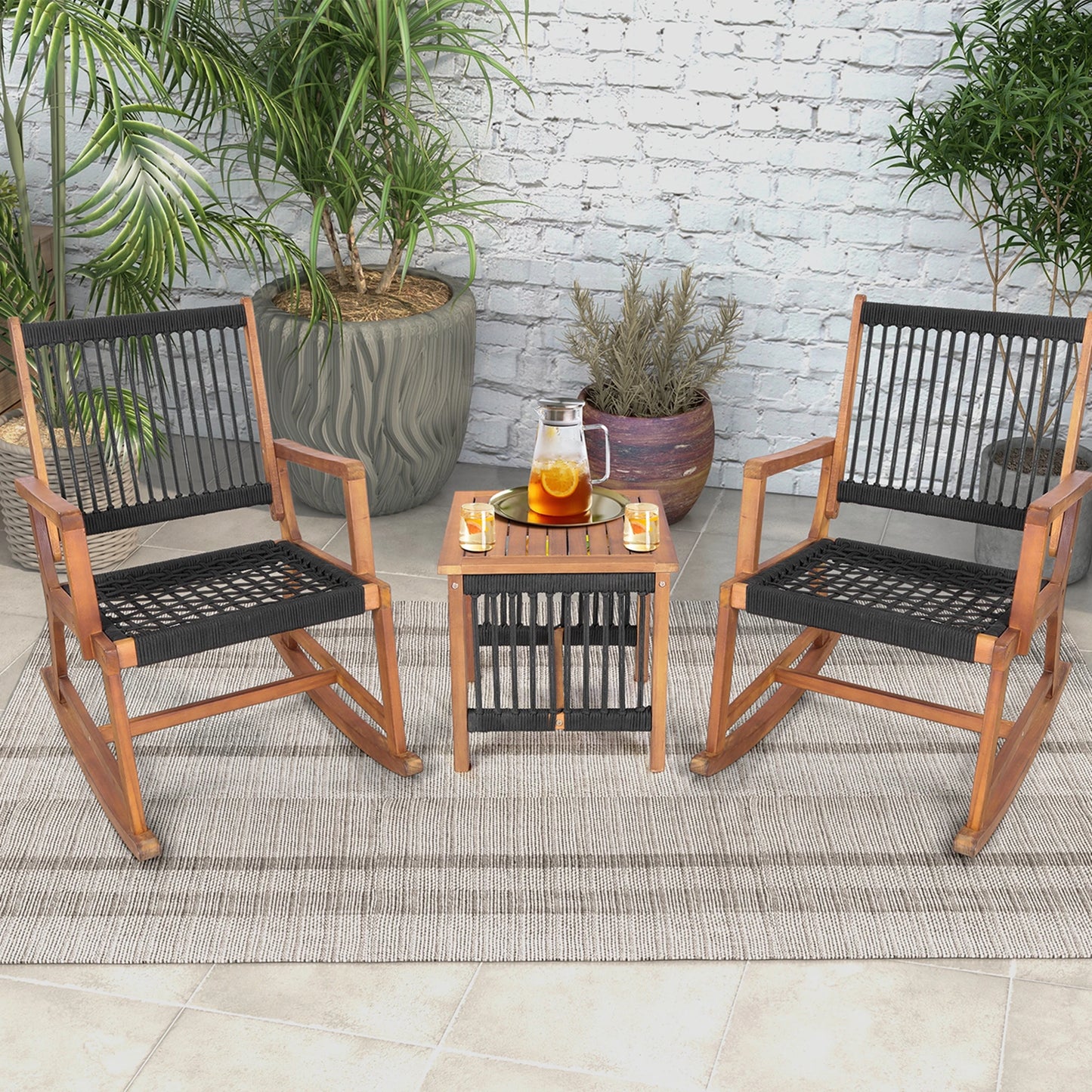 HOMASIS Patio Acacia Wood All Weather Rope Table And Chairs