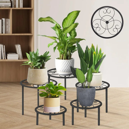 Metal Plant Stand Set of Five Heavy Duty Indoor Outdoor Black Display Racks Various Sizes