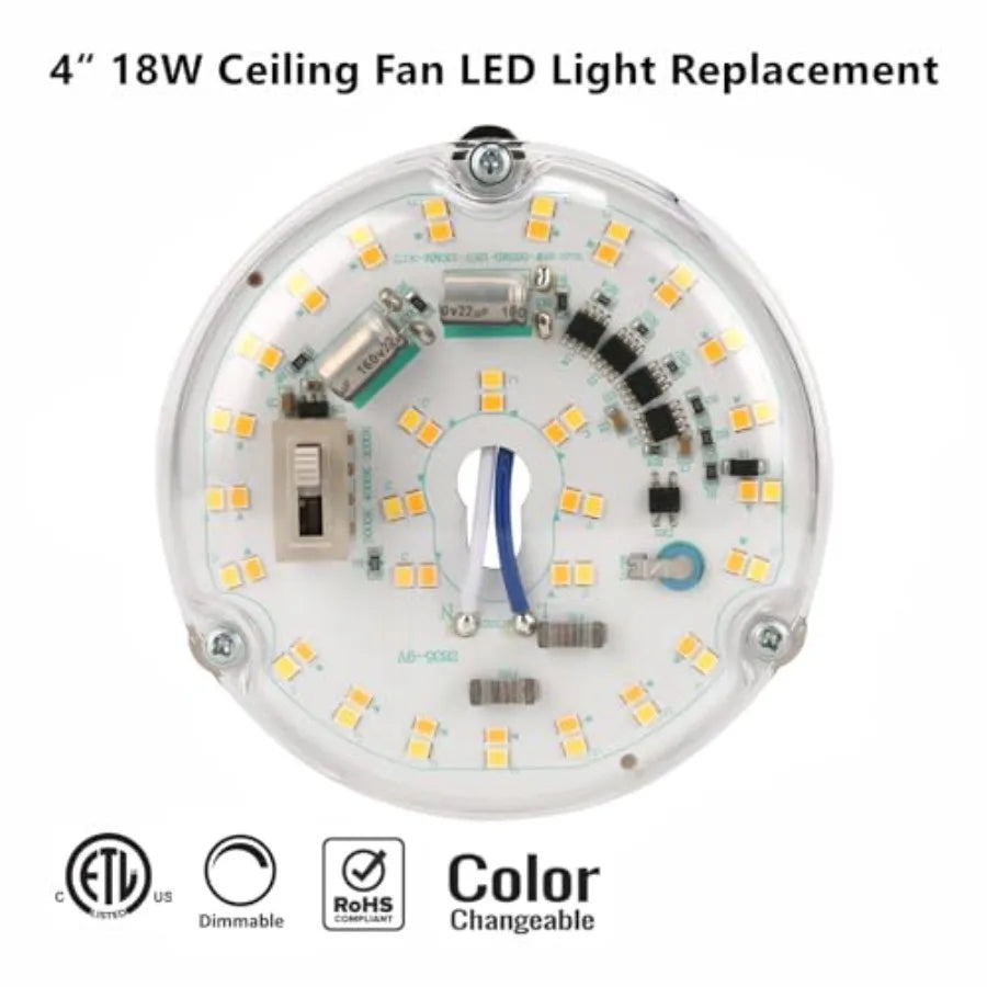 4" 18W Color Changeable Ceiling Fan LED Light Replacement, 3000K/4000K/5000K Selectable Ceiling Fan LED Light Kit, 2200LM Dimma