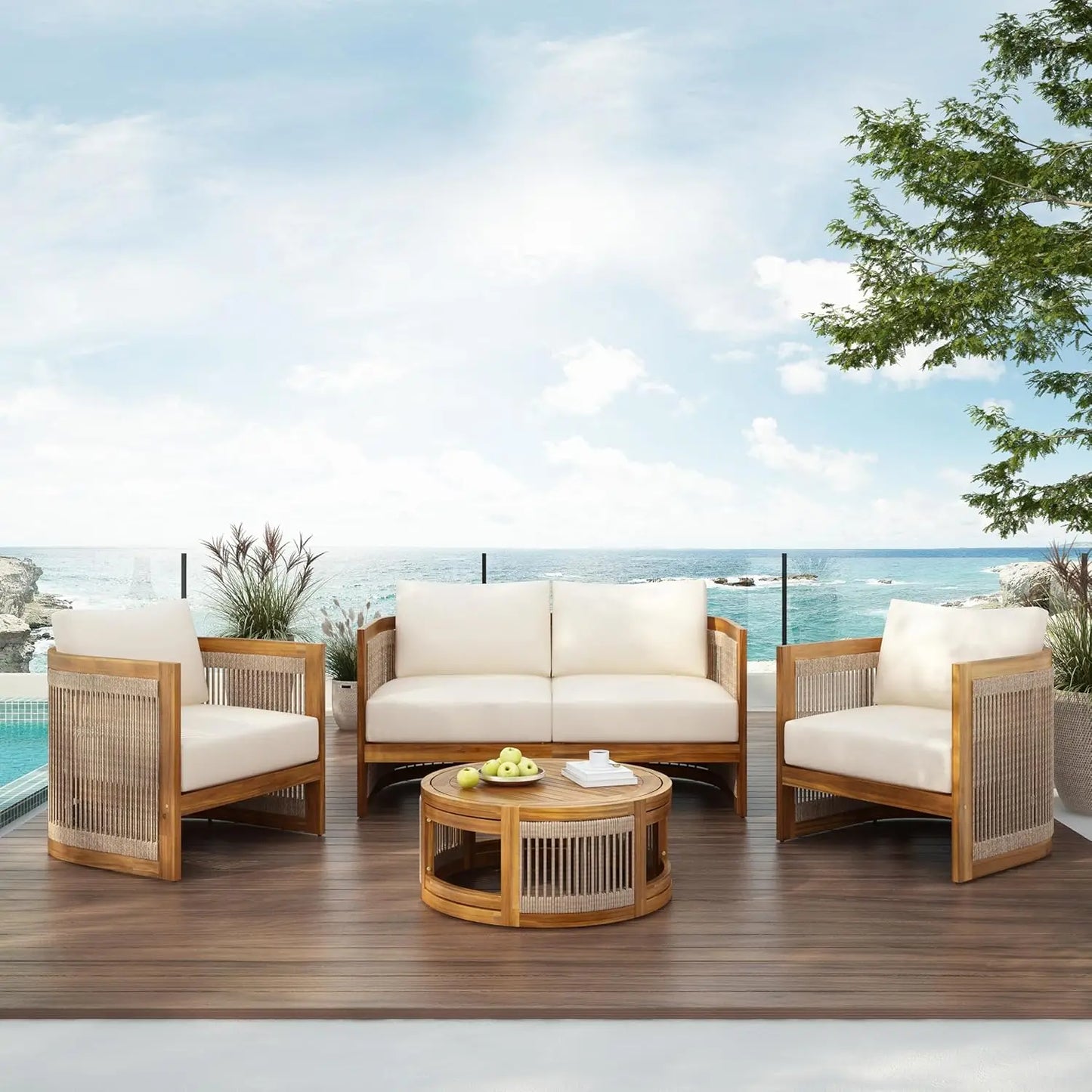 Acacia Wood 4-Piece Patio Conversation Set All Weather
