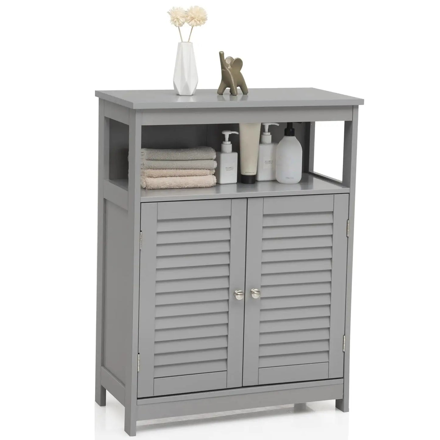 Bathroom Floor Cabinet Wooden Storage Double Doors And Adjustable Shelf