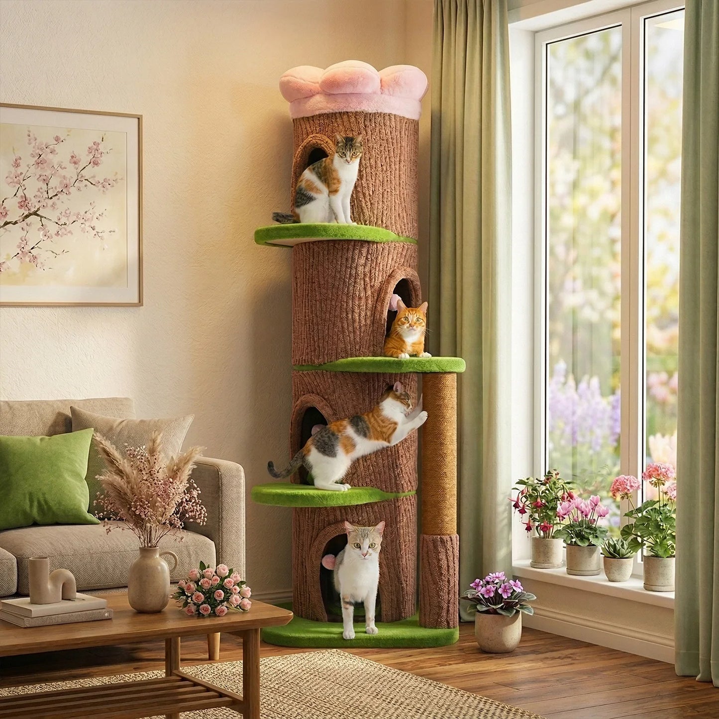 Cat Tree Tower with Four Condos and Scratching Post