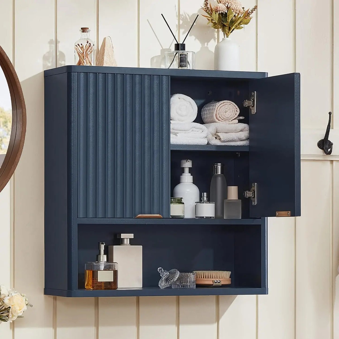 Rattan Boho Bathroom Wall Cabinet With Adjustable Shelves And Doors