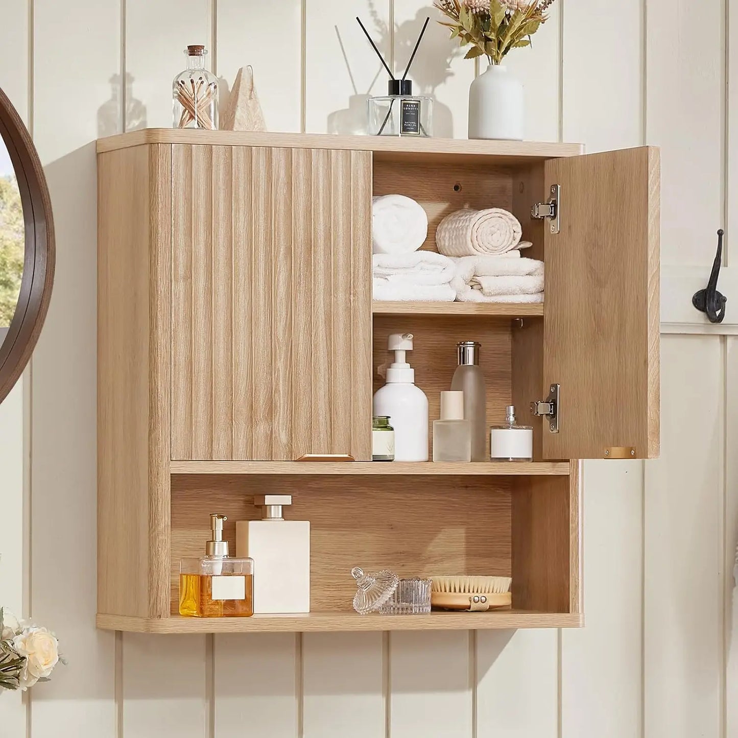 Rattan Boho Bathroom Wall Cabinet With Adjustable Shelves And Doors