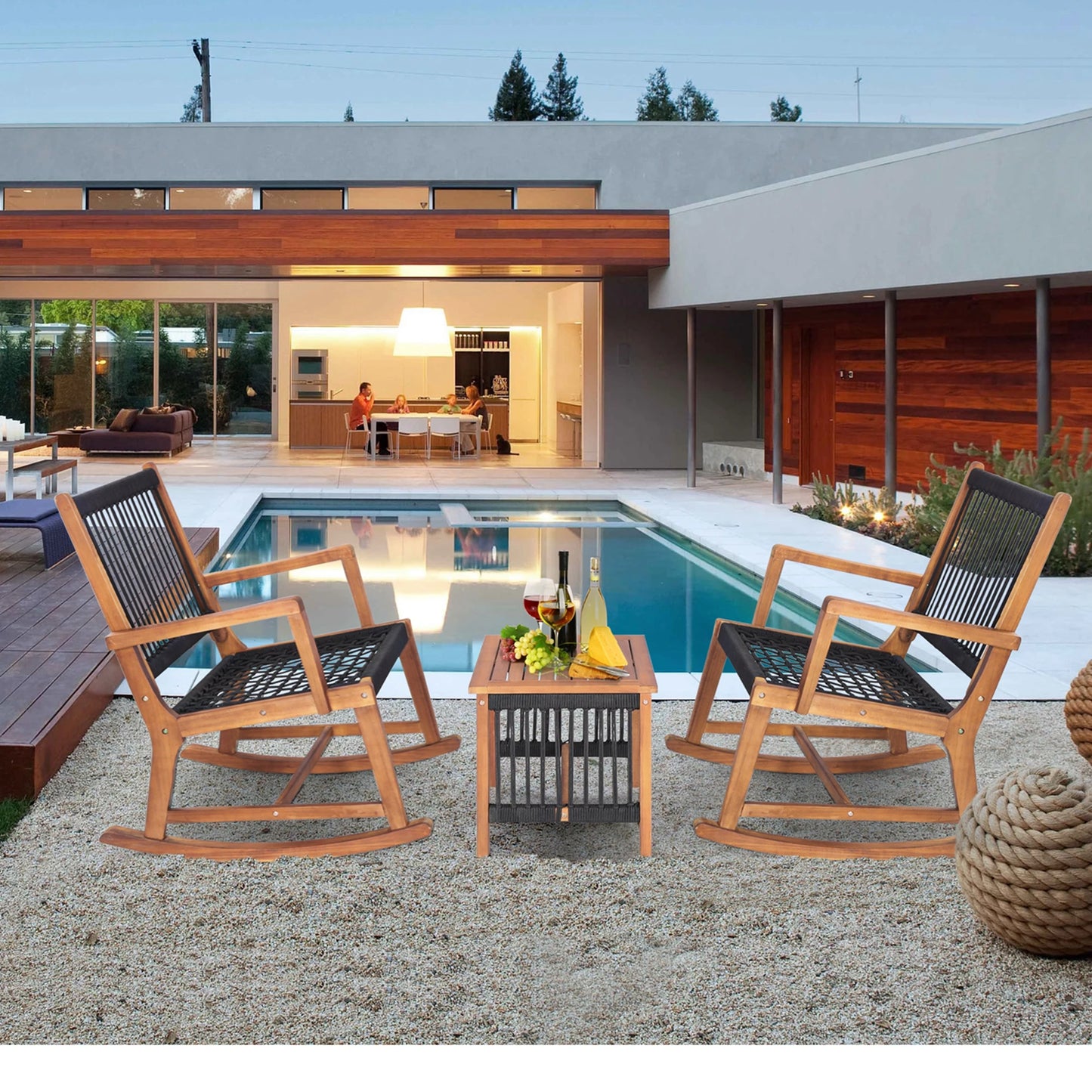 HOMASIS Patio Acacia Wood All Weather Rope Table And Chairs